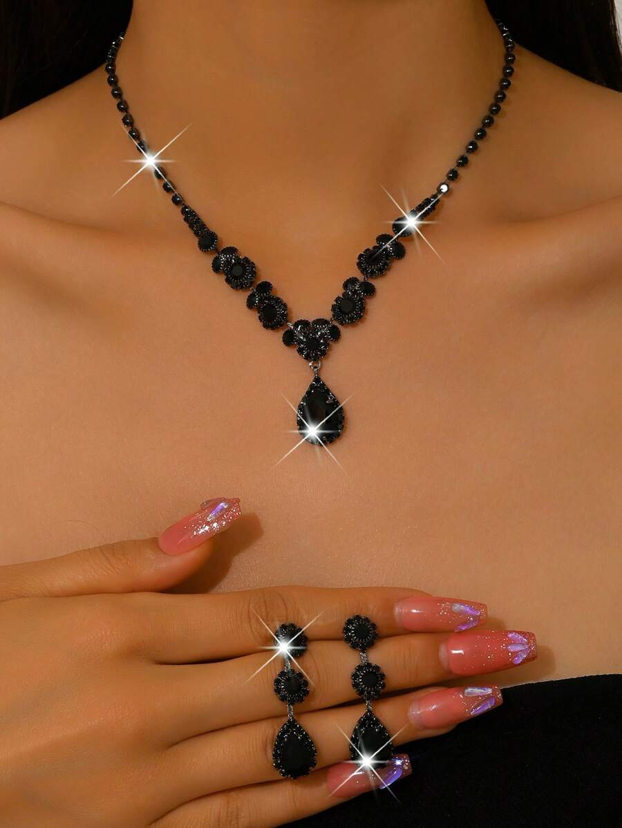 1 Set Punk Dark Style Kristall Ohrringe & Halskette Set, geeignet für Frauen Hochzeit, Bankett, Party, Urlaubsgeschenk