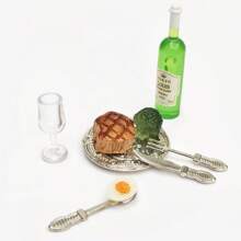 7/9pcs Dollhouse Romantic Dinnerware Set, Metal Delicate Plates With Miniature Food, Miniature Steak! Miniature Red Wine, Christmas/Halloween Decor!