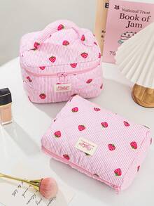 1 Piece/Set Children's Cute Pink Foam Quilted Cosmetics Bag Lovely Strawberry Pattern Makeup Bag Set Girly Toiletries Storage Bag With Zipper Pink Strip Print Make Up Bag Large Capacity Cosmetics Organizer Bag