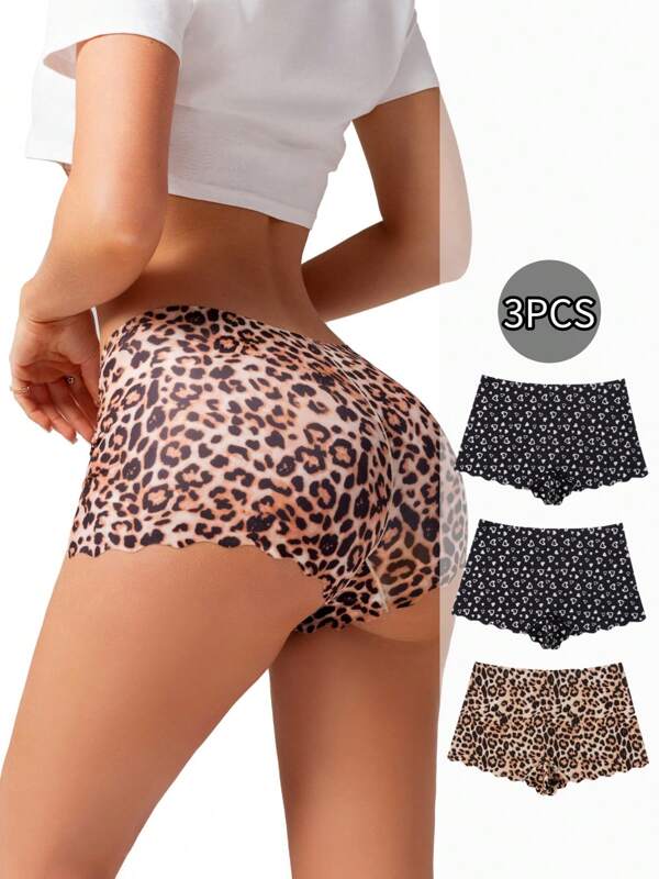 3pcs Set Women Seamless Leopard Print Panties, Mid Waist Breathable Briefs