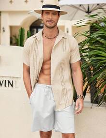 Mens Cuban Guayabera Shirt Short Sleeve Linen Button Down Shirts Casual Summer Beach Topshalloween - 卡其色 - 查看 2