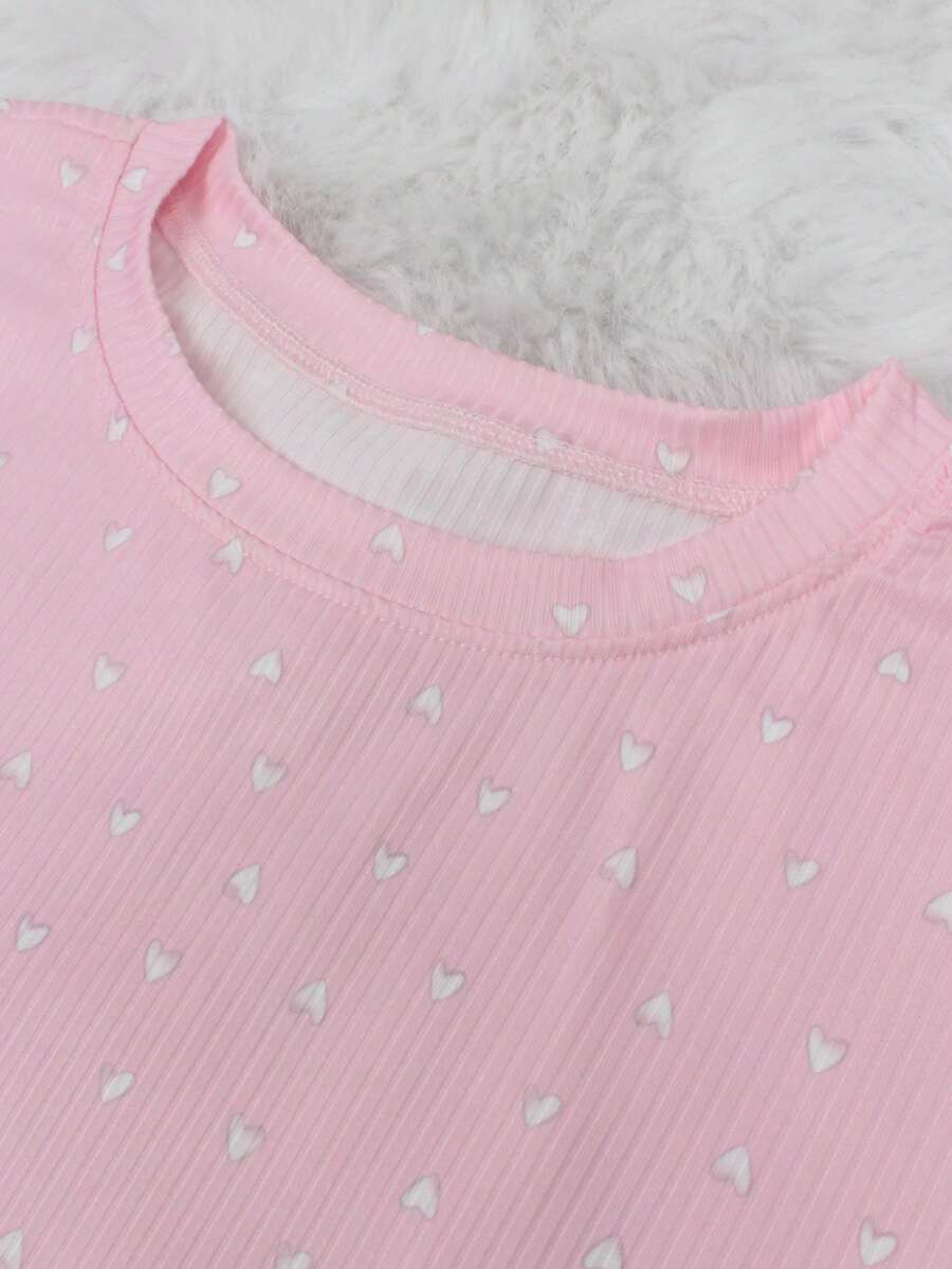 Set de 2 piezas de pijama de verano para mujer con estampado floral y volantes, compuesto por top de manga corta y pantalón corto, conjunto informal de descanso - Rosa Pálido - Ver 1