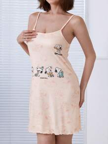 SNOOPY Authorized PEANUTS Snoopy Cute Printed Slip Dress & Woman Nightdress