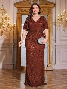 hezixi High Quality Stretch Elegant Sparkling Sequin Splice Bodycon Plus Size V-Neck Dress, For Evening Date, Wedding, Birthday Party, Anniversary, Cocktail, Formal Gala, Wedding Guest, Bachelorette Party, Holiday, Summer/Fall - Rust Brown - View 5
