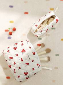 1/3件套绗缝化妆包，饰有蝴蝶结和玫瑰图案，时尚便携化妆包，多功能化妆收纳手提包，带拉链刷架，大容量旅行洗漱包，轻盈蓬松填充，适合旅行收纳，可装口红、卫生巾、硬币、钥匙等，可爱旅行收纳包，母亲节礼物，情人节礼物，周年纪念礼物，开学礼物 - 櫻桃 - 查看 4