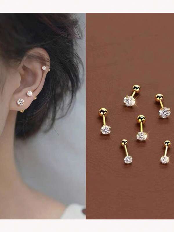 3 Pairs 18K Gold Plated Stainless Steel Classic Round Cubic Zirconia Stud Earrings Set, Fashion Hypoallergenic Everyday Wear Jewelry Gift For Women