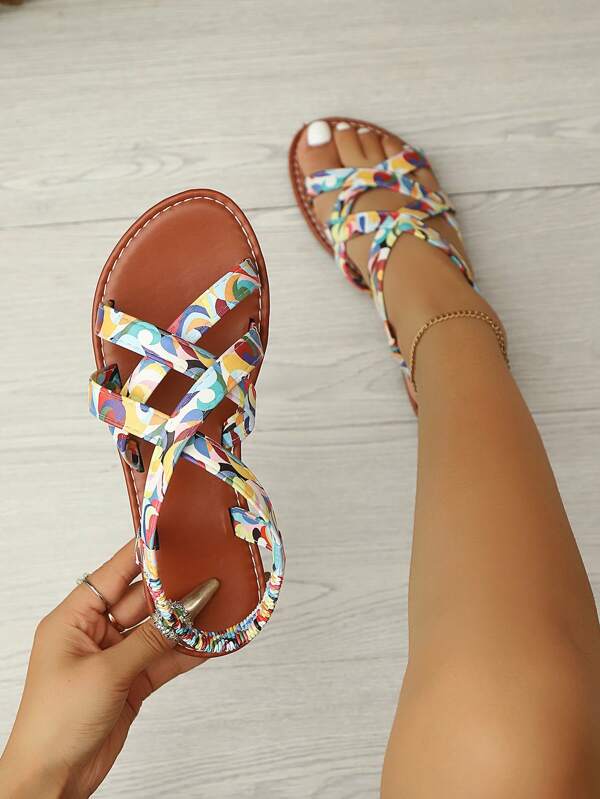 New Striped Woven Slip-On Flat Toe-Ring Sandals, Casual Versatile Beach Shoes, Lightweight & Comfortable, Brown, White, Black, Gold, Silver, Colorful