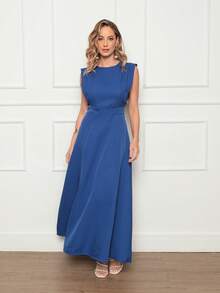 Long Plain Dress For Social Wedding In Tailored Fabric, Sleeveless Elegant - Xanh đậm - Xem 1