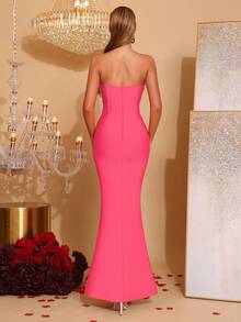New Sexy Pink Strapless Pearl Beaded Decor Wedding Gown, Party Evening Dress - Hot Pink - View 5