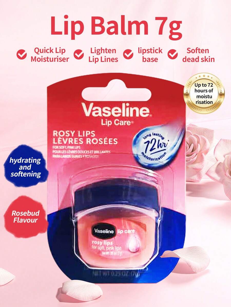 Vaseline 1支7克凡士林玫瑰润唇膏，提亮肤色，保湿滋润，减少皱纹，改善肤色，蕴含玫瑰精油+甜杏仁油+啫喱质地，柔滑滋养，持久留香，唇部护理，女士日常妆前打底，便携装