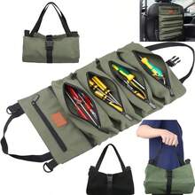 Multi-Purpose Roll-Up Tool Organizer Bag- Compact, Durable Fabric Storage Bag With 5 Zippered Pockets For Pliers, Vise Grips, Screwdrivers, Wrenches & Sockets - Perfect For Work And Outdoor Adventures - màu đen - Xem 3