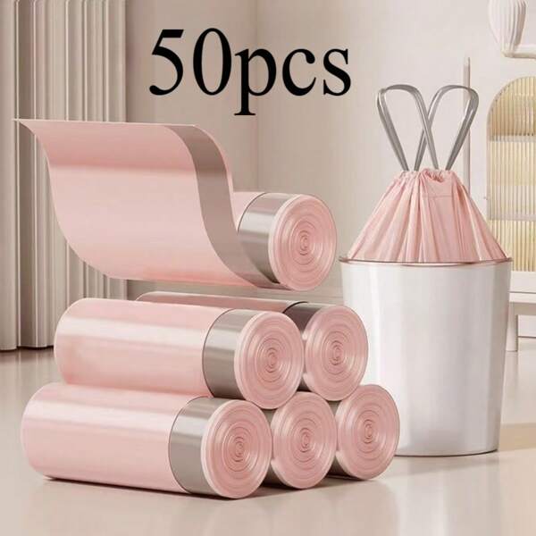 50pcs Ultra Thick And Durable Drawstring Garbage Bag - Thick Portable Polyethylene Garbage Bag For Kitchen, Bathroom, Bedroom And Living Room, Home Organization | Fashionable Design | Drawstring Closure, Garbage Bag Dispenser