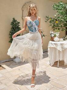 Womens Vintage 1920s Renaissance Lace Trim Corset Bustier, Retro Fashion - 藍色蕾絲 - 查看 5