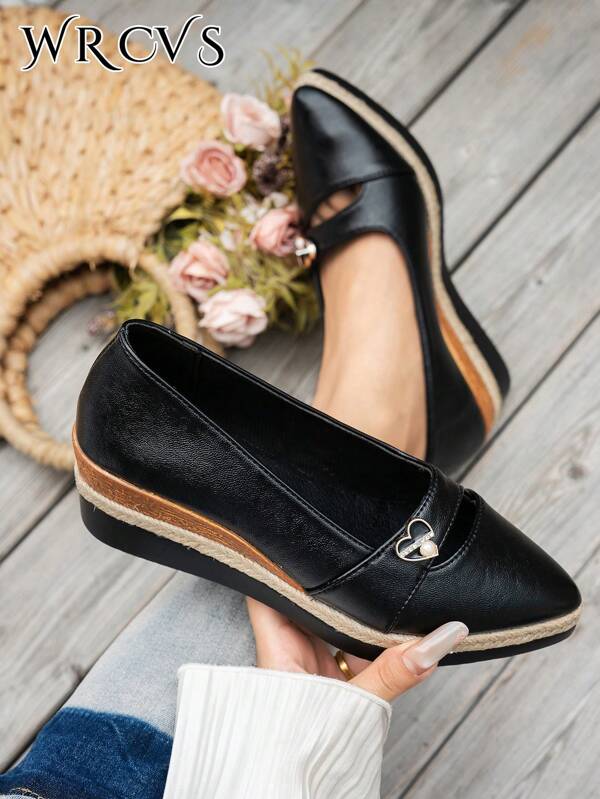 WRCVS Zapatos de plataforma de tacón bajo para deslizar, zapatos de trabajo ligeros y antideslizantes, zapatos de fiesta de moda, zapatos planos de vacaciones estilo bohemio con punta poco profunda, zapatos de punta contrastada con aumentos de altura, zapatos de banquete con fondo de cuerda de yute y decoración de corazón