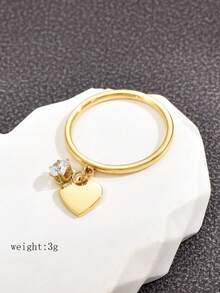 Anillo de acero inoxidable elegante y elegante con un solo cristal de Rhinestone en estilo japonés y coreano, adecuado para el uso diario, perfecto como regalo para el Día de San Valentín, Mamá, Madre, Día de la Madre - Amarillo Oro - Ver 3