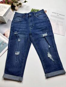 Women's Elegant Casual Ripped Cuffed Capri Jeans, Suitable For Commuting And Outings In Autumn Summer - Medium Wash - View 3