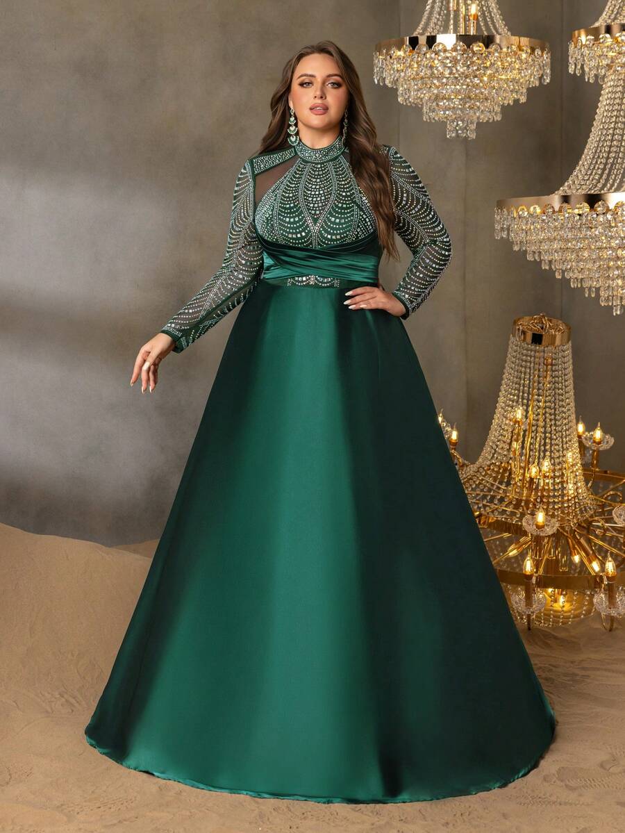 Faeriesty Curve Plus Elegant Mock Neck Evening Gown With Sheer Sleeves - A-Line Satin Skirt, Rhinestone Embellishments For Galas, Wedding Banquets, Proms & Black Tie Affairs