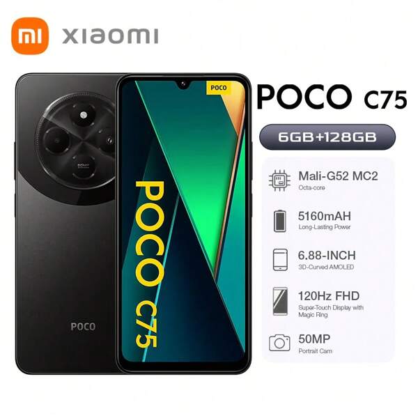 Xiaomi Xiaomi POCO C75 Smartphone 6+128GB Schwarz 6,88-Zoll 120Hz Display Helio G81-Ultra Rückkamera 50MP Frontkamera 13MP Hochkapazität 5160mAh Akku