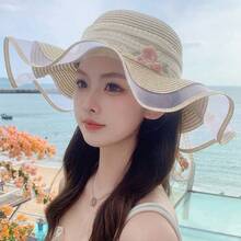 1 件夏季蝴蝶结沙滩遮阳帽，女士度假防紫外线宽边草帽，柔软甜美。如果帽子到货时有褶皱，详情请咨询保养说明。 - 彩色 - 查看 10