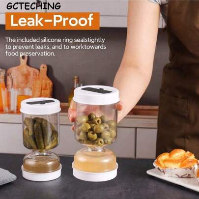 GCTECHING 1 recipiente de pepinillos con colador, separación húmeda y seca, tarro de pepinillos y aceitunas con tenedor, contenedores de alimentos herméticos y a prueba de fugas, boca abajo contenedor de pepinillos reutilizable para el almacenamiento de alimentos, aceitunas y pepinos