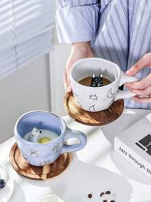 1 件可爱动物陶瓷杯，手绘云朵/花朵图案雕刻杯 - 适用于拿铁、早餐牛奶、创意卡布奇诺杯，是送给可爱风格爱好者的理想礼物 - 單杯 - 查看 12