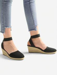 Women's Elastic Ankle Strap Espadrilles Wedge Sandals - Black Knit - View 11
