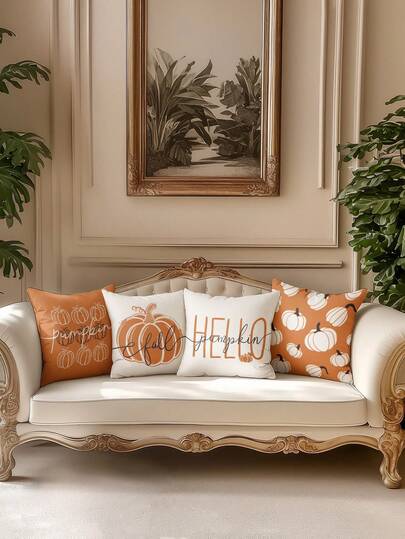 Set de 4 fundas de almohada con diseño de calabazas de cosecha de otoño, estilo vintage de 18 x 18 pulgadas, para decoración del hogar, funda de almohada decorativa de granja de acción de gracias con cierre de cremallera, lavable a máquina de poliéster, diseños surtidos para diversos tipos de habitaciones