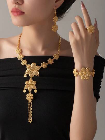 Juego de 5 piezas de joyería de tono dorado de lujo, elegante juego de collares para mujeres