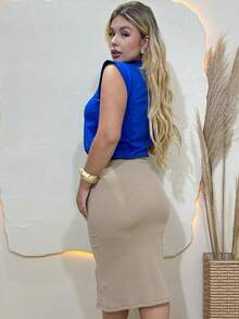 Saia Midi Lapis Secretaria Social Fenda Lateral Casual Com Elastano - Bege - Visão 5