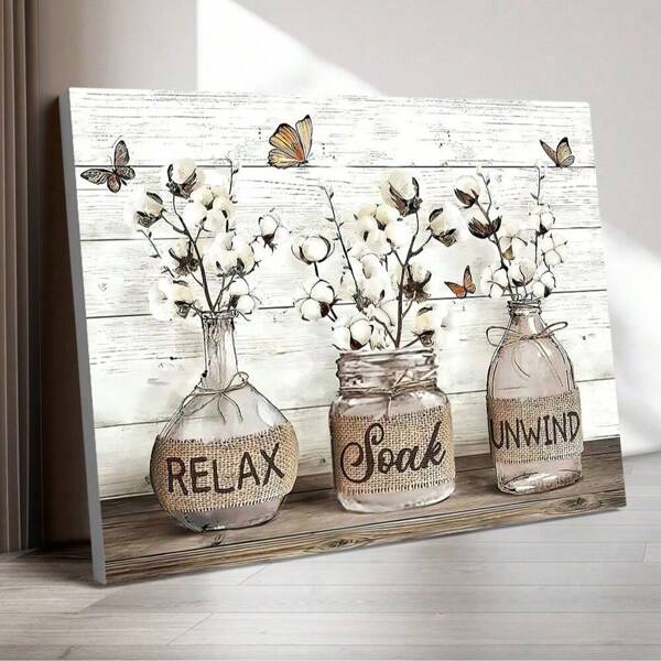1pc Butterfly Floral Letter Pattern No Framed Painting, Modern Home Country Farmhouse Bathroom Wall Art Decor, Vintage Art Hallway Painting