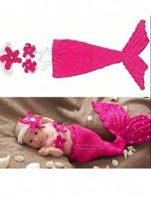 3件套手工钩针美人鱼尾巴服装新生儿摄影道具婴儿洗礼裙派对礼物婴儿拍照服装 - 彩色 - 查看 10