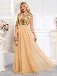 hezixi Women's Sequined Mesh Patchwork Evening Party Dress Elegant Formal Prom Wedding Guest Gown, For Graduation, Dinner - Champagne - View 7