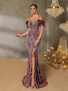 Faeriesty Faeriesty Elegant Off-Shoulder Mermaid Evening Gown - Sequin & Beaded Dress With Feather Embellished Shoulders, Cross Back Strap Detail & High Slit Fish Tail Skirt For Red Carpet Galas, Luxury Wedding Banquets, Elegance Events