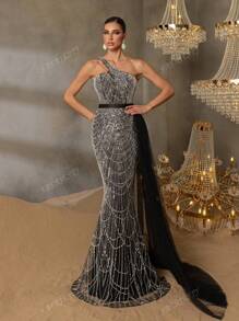 Asymmetric One-Shoulder Mermaid Evening Gown With Draped Side Sweep Train - Beaded Lacework Bodice, Flared Fish-Tail Hem, Formal Floor-Length Dress For Red Carpet Galas, Black-Tie Weddings, Opera Premieres, Met Gala Events & Formal State Dinners
