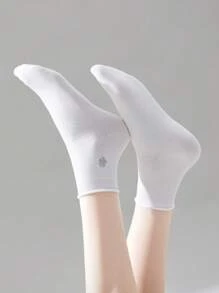 4 Pairs Of Black And White Women's Socks, Silver Flower Love Bow Embroidery Ladies Short Socks Ankle Socks, Daily Casual Sports Wear
