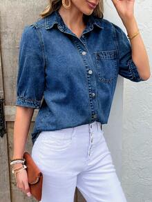 女士藏蓝色泡泡袖牛仔衬衫 - 灯笼袖时尚休闲牛仔衬衫，牛仔上衣 - 深色水洗藍 - 查看 7