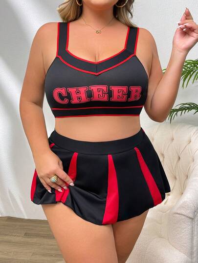 Plus Size Cheerleader Uniform Seductive Printed Bra And Mini Skirt Set For Rave