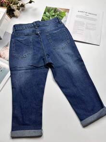 Women's Elegant Casual Ripped Cuffed Capri Jeans, Suitable For Commuting And Outings In Autumn Summer - Medium Wash - View 4