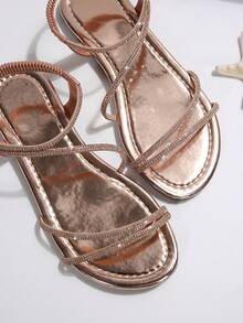 夏季新款露趾条纹交叉松紧带露趾平底凉鞋女欧美风 - 香檳色 - 查看 9