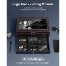 Watch Jewelry Box Anizer 6Slot 2Layer Watch Case And Sunglasses Storage With Large Glass Lid Men's Jewelry Box With Lock Watch Holder Display Case Gift For Men Women - 黑色-6槽 - 查看 2