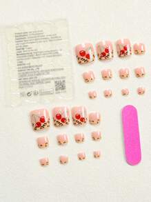 24 件短方形脚趾甲片，豹纹红樱桃经典法式脚趾甲美甲套装（包含 1 个指甲锉、1 瓶指甲胶），适合女性日常佩戴、约会、派对按压式指甲美甲用品