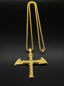 1pc Twisted Textured Stainless Steel Cross Pendant, Vintage Creative Titanium Steel Necklace For Men - Gold - View 5