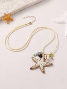 1pc Cute Ocean Style Raffia Grass Starfish Seahorse Shell Palm Tree Beaded Long Necklace, Suitable For Women Daily Casual Beach Vacation Wear, Decor For Dresses - Multicolor - View 2