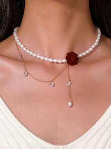 1pc Elegant Faux Pearl, Cubic Zirconia Flower & Bow Design Necklace, Suitable For Women's Daily Wear, Weddings, Engagements, Parties, Gift
