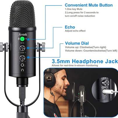 Noise Cancelling USB Microphone Kit - Professional Recording Mic With Adjustable Boom Arm & Quick Mute For Streaming/PC