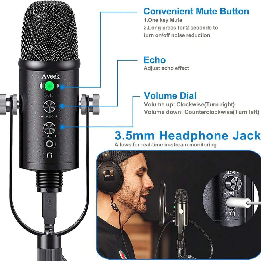Noise Cancelling USB Microphone Kit - Professional Recording Mic With Adjustable Boom Arm & Quick Mute For Streaming/PC - Black - View 1