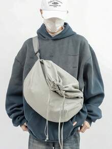 新款简约抽绳包，男士纯色单肩包，大学生复古手提包，斜挎包，适合旅行、通勤、购物、校园