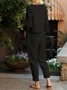 Women's Casual Round Neck Long Sleeve Top And Pocketed Long Pants 2-Piece Set - Black - View 2