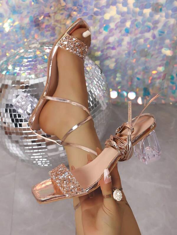Women's Mid-Heel Sandals, Featuring Dense Rhinestone Embellishment, With Shiny Rhinestone Crossing Straps And Transparent Crystal Chunky Heels, Creating A Glamorous And Eye-Catching Look, Suitable For Parties And Evening Events, Comfortable And Dazzling Silver Rhinestone Sandals.