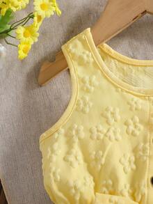Baby Girls' Cute Solid Color Round Neck Sleeveless Bow Decor Button Design Half-Placket Romper, Suitable For Home, Daily Wear And Outings, Spring/Summer - Yellow - View 6